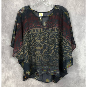 Anthropologie Fig and Flower Sheer Boho Top Aztec Floral High Low Tunic Blouse